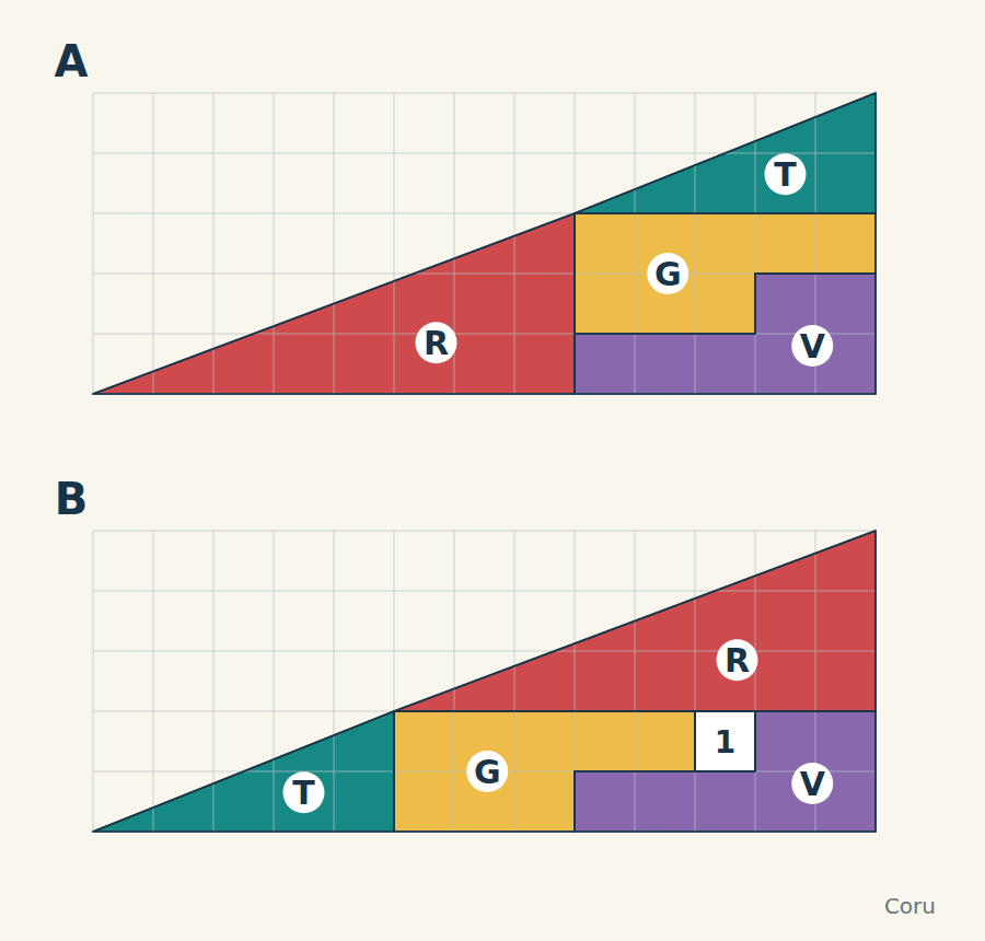 Dos composiciones de R, T, G y V en una cuadrícula de 13 por 5. A no tiene huecos; B tiene un hueco de una casilla cerca de la esquina inferior derecha.