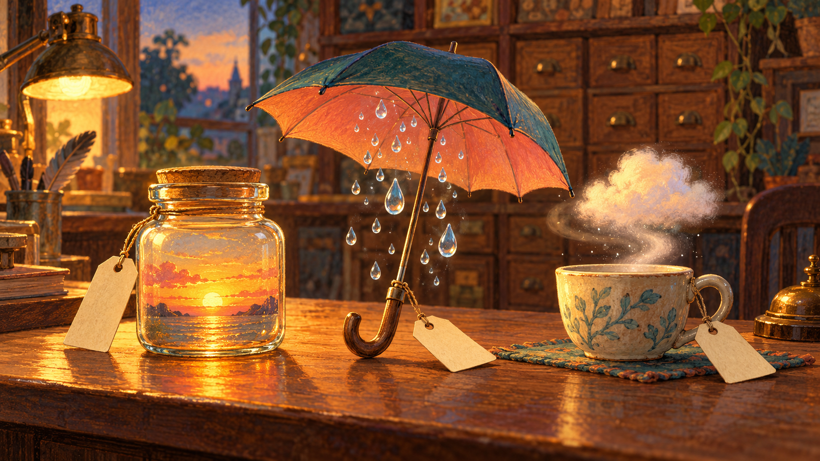 A glowing sunset inside a glass jar, an umbrella with suspended raindrops and a teacup with a small cloud on a wooden lost-property counter.